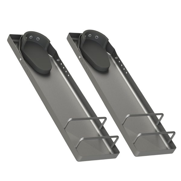 Two galvenized kneeboard sliders on a white background