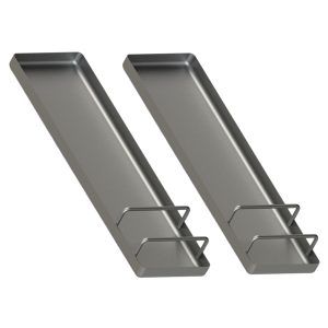 Two galvenized kneeboard sliders on a white background